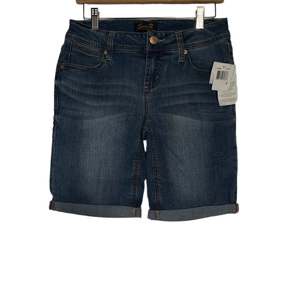 Seven7 Bermuda Denim Shorts Women Size 4 Blue Stretch Whiskers nwt